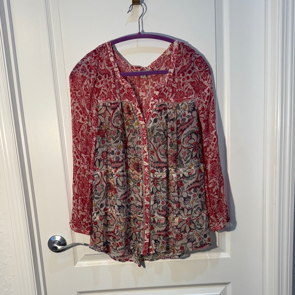 Lucky Brand Red and Gray Floral Sheer Blouse Long Sleeve V Neck Size M
